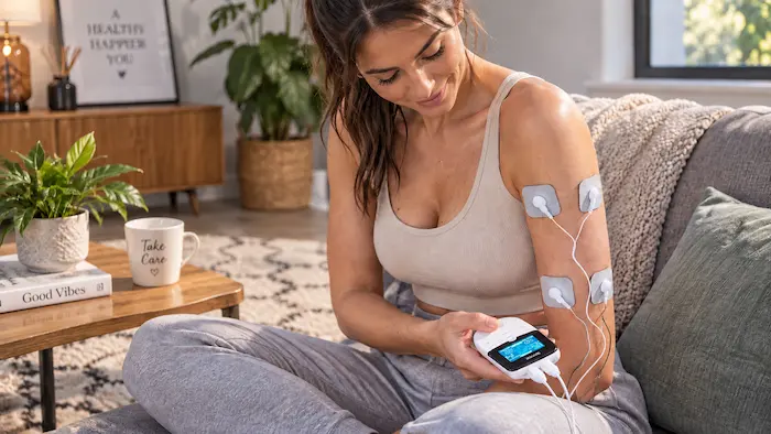 Électrodes du Beurer EM 49 placées sur un bras pendant une séance EMS