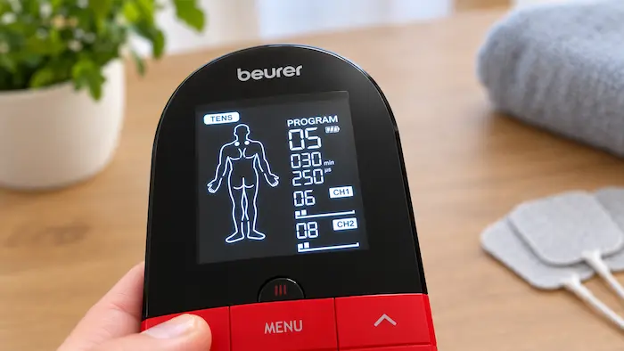 Écran du Beurer EM 59 Heat affichant le programme et le positionnement des électrodes