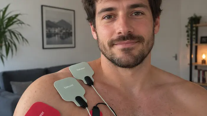 Électrodes du Beurer EM 59 Heat placées sur l'épaule