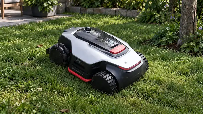 Robot tondeuse Dreame A3 AWD Pro 3500 sur une légère pente