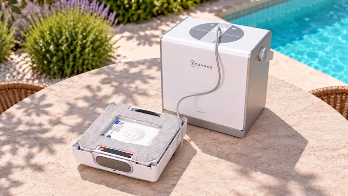Ecovacs Winbot W2 Omni retourné à côté de sa station, lingette encrassée visible