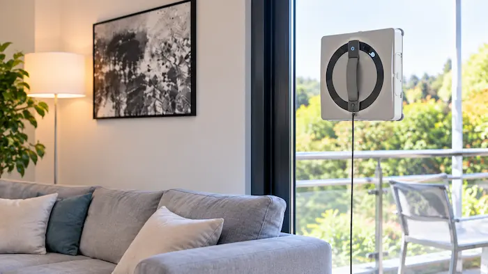 Ecovacs Winbot W2 Omni posé sur sa station portable