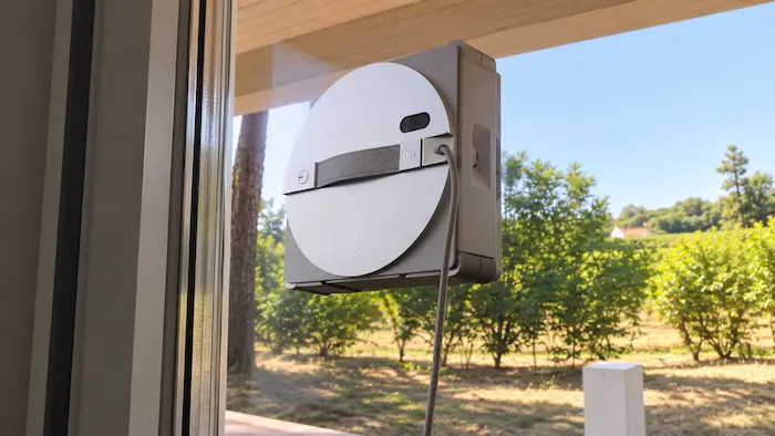 L'Ecovacs Winbot W3 Omni en cours de nettoyage sur une grande baie vitrée