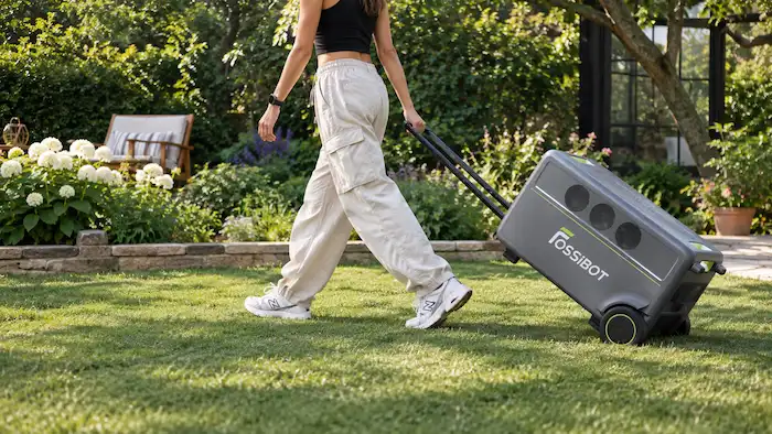 FOSSiBOT F7200 déplacée sur ses roulettes avec sa poignée télescopique