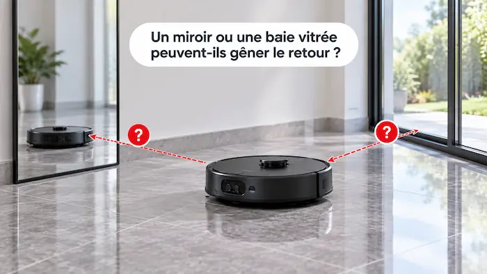 Aspirateur robot devant une baie vitrée exposée au soleil