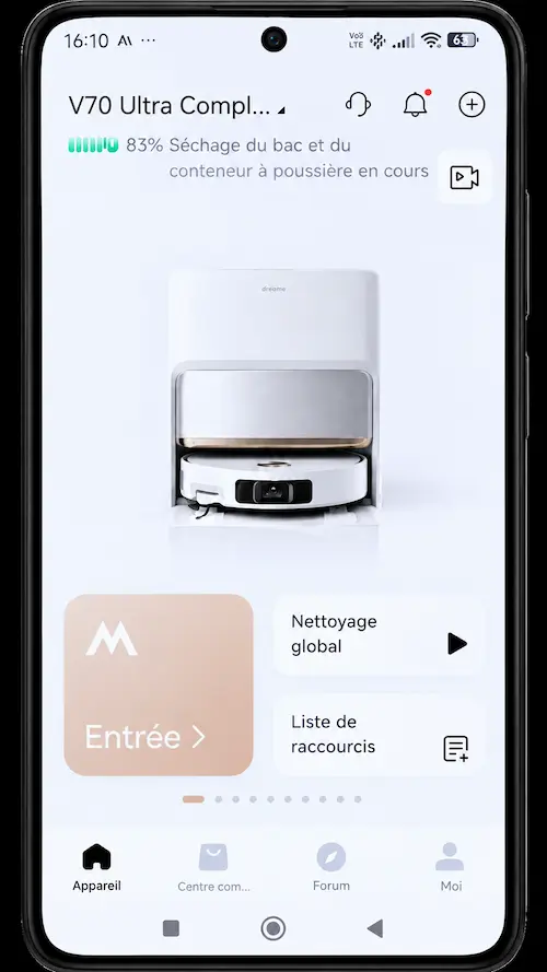 Écran de réglage du nettoyage dans l'application MOVAhome