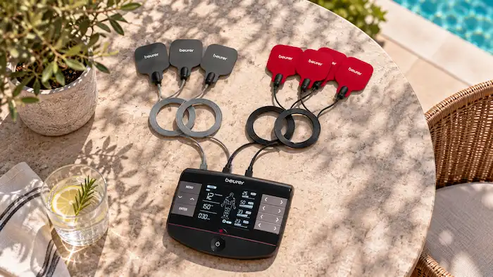 Beurer EM 89 Heat posé sur une table de jardin avec ses électrodes