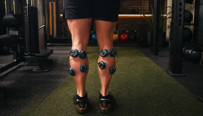 Compex SP 8.0 en exercice avec électrodes placées sur les mollets