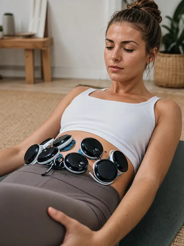 Modules Compex SP&nbsp;8.0 placés sur les abdominaux