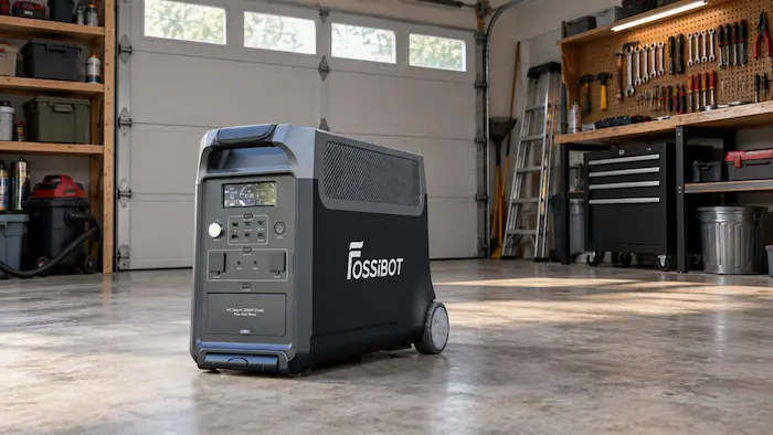 La FOSSiBOT F3600 Pro installée dans un garage non raccordé au réseau