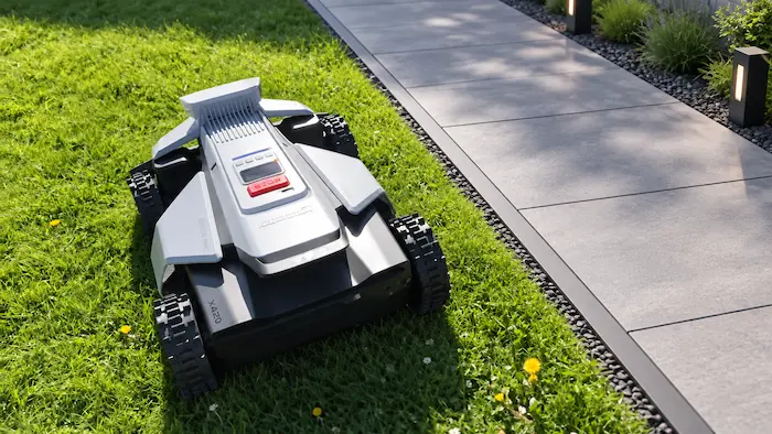 Le Segway Navimow X420 vu de dessus le long d'une allée