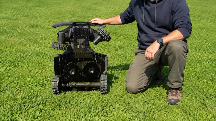 Dessous du robot tondeuse Segway Navimow X420 et ses deux plateaux de coupe