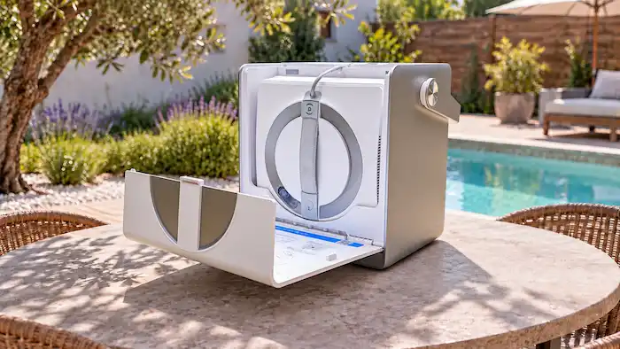 Station ouverte de l'Ecovacs Winbot W2 Omni avec le robot rangé à l'intérieur